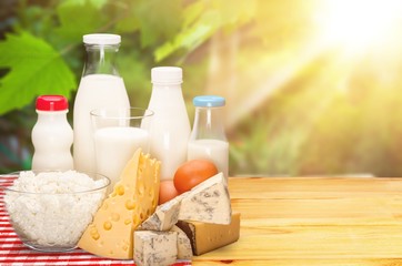 Dairy products collection on green light background