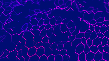 Futuristic blue hexagon background. Futuristic honeycomb concept. Wave of particles. 3D rendering. Data technology background