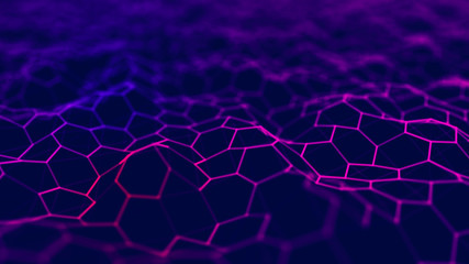 Futuristic blue hexagon background. Futuristic honeycomb concept. Wave of particles. 3D rendering. Data technology background