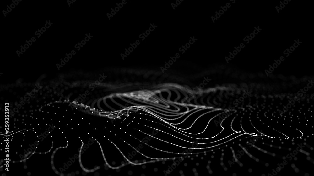 Poster wave 3d. wave of particles. 3d glowing abstract digital particles background. data technology illust