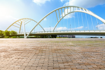 Empty square floor and bridge construction in shanghai