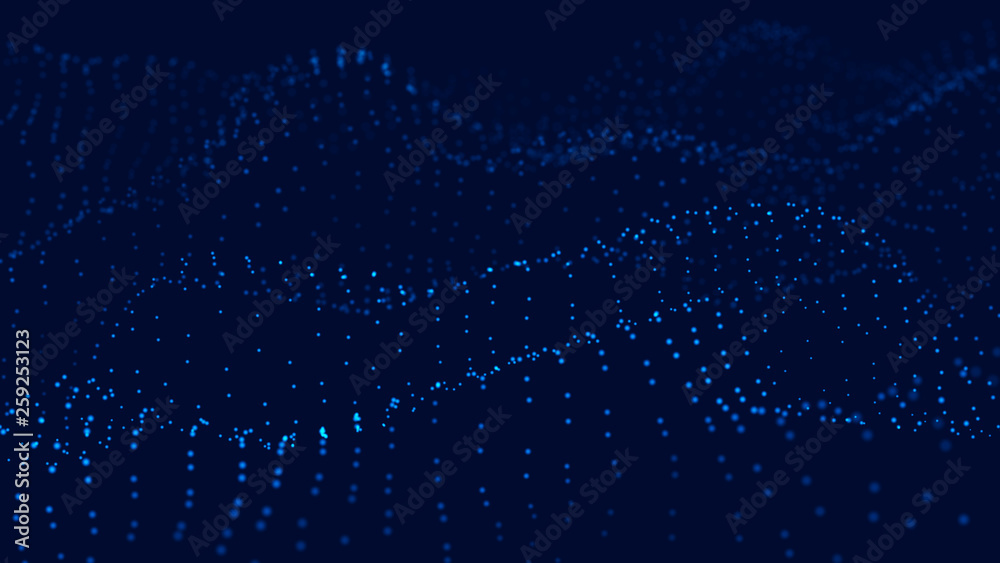 Poster wave 3d. wave of particles. abstract blue geometric background. big data visualization. data technol