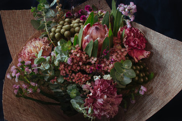 Beautiful Australian native flower arrangement wrapped bouquet Eucalyptus, protea, bush flowers,...