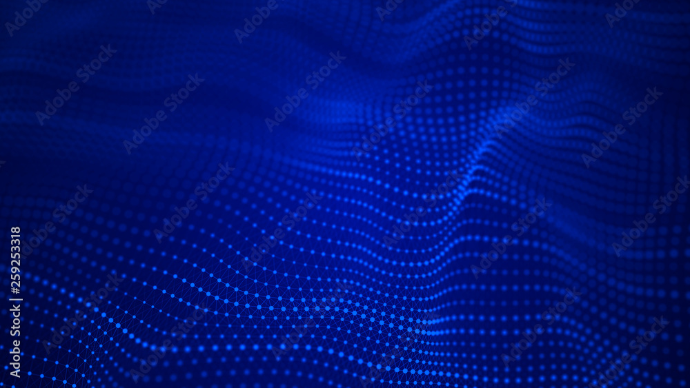 Poster Wave 3d. Wave of particles. Abstract background with a futuristic wave. Big data visualization. Technology concept. 3d landscape. 3d rendering.