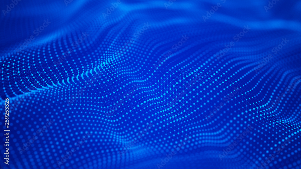 Poster wave 3d. wave of particles. abstract background with a futuristic wave. big data visualization. tech