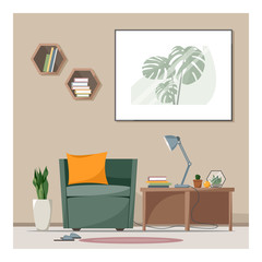 Living room interior. Furniture, decor – armchair, table, picture, plant. Flat style vector illustration.