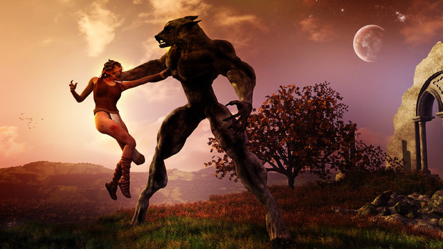concept of giant werewolf attacking a young woman in fantasy natural environment 