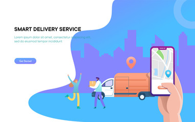 Fototapeta na wymiar online delivery service vector illustration concept, digital shipping, woman receiving package from courier, can use for, landing page, template, ui, web, homepage, poster, banner, flyer, homepage