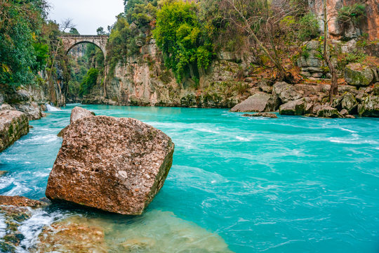 The bridge is known as "Bugrum or Oluk" bridge. Koprucay river landscape from Koprulu Canyon National Park in Manavgat, Antalya, Turkey. The Ancient Roman architecture.