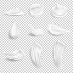 Set of cosmetic white cream texture. Sunscreen white cream strokes or sun protection gel drops.