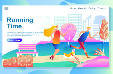 Web page design template shows Man and woman running in the park with a dog. Morning physical training