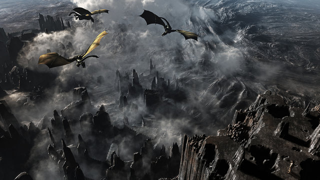epic concept landscape with majestic dragons flying over during sunset 