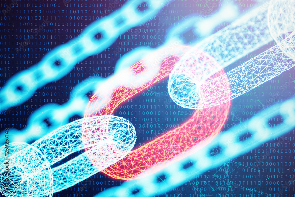Poster 3d illustration digital block chain code. chain links network. low polygonal grid of triangles glowi