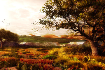 epic fantasy forest illustration with majestic tree and natural environment