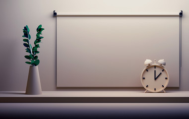 Tinted image with board, vase with flowers and bell clock