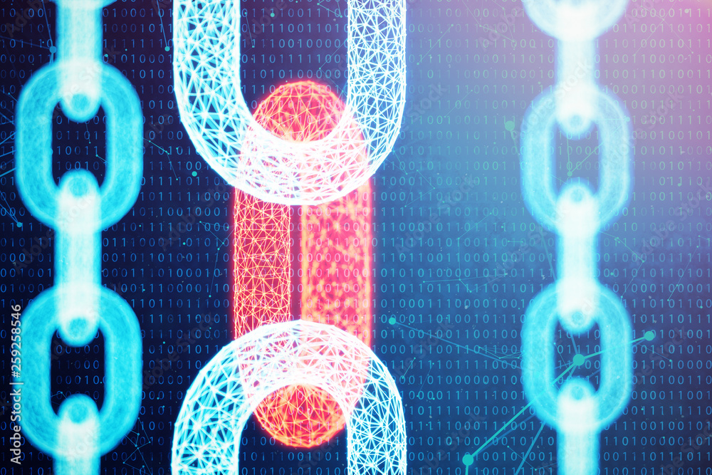 Poster 3d illustration digital block chain code. chain links network. low polygonal grid of triangles glowi