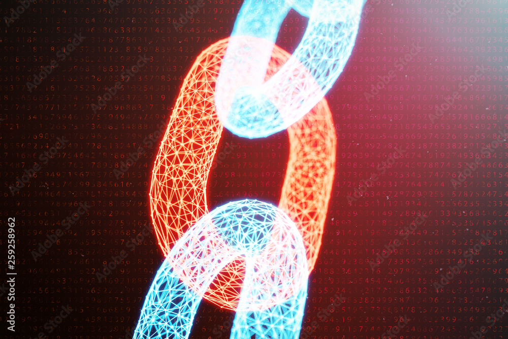 Poster 3d illustration digital block chain code. chain links network. low polygonal grid of triangles glowi