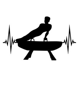 gymnastik puls silhouette herzschlag frequenz mann auf pauschenpferd turnger&auml;t hocker gymnastikger&auml;t sport fitness sportlich trainieren spa&szlig; hobby verein turnhalle m&auml;nner turnen turner