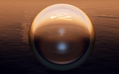 magical fantasy sphere with reflection of sunset over calm sea surface
