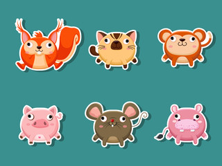 Cute cartoon animals Sticker collection. Vector Illustration With Cartoon Style Funny Animal