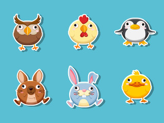 Cute cartoon animals Sticker collection. Vector Illustration With Cartoon Style Funny Animal