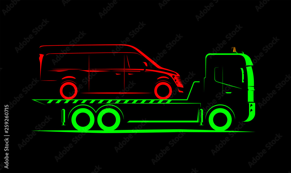 Wall mural tow truck with full loading simple side view schematic image on black background