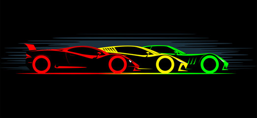 three stylized simple drawing sport super cars coupe side view