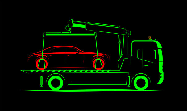tow truck with full loading with crane simple side view schematic image on black background