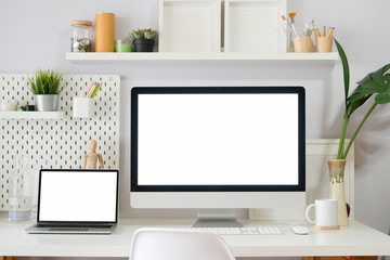 Modern clean workspace mockup with blank screen desktop computer.
