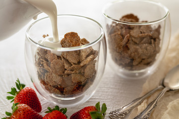 Bran Flakes Cereal with Yogurt and Strawberries