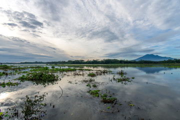 The view of the lake with a mountain of clear, cloudy sky Java indonesia 