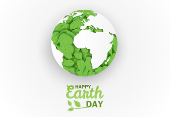 Happy earth day . Ecology concept,  Design with leaves in the globe on white background . paper art style. Vector.