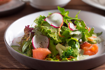 Mediterranean cuisine. Salad. Slices of salmon with fresh vegetable salad on a plate.