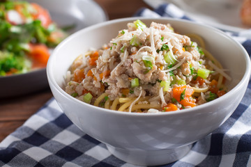 Spaghetti with rabbit sauce, typical Italian pasta, close-up