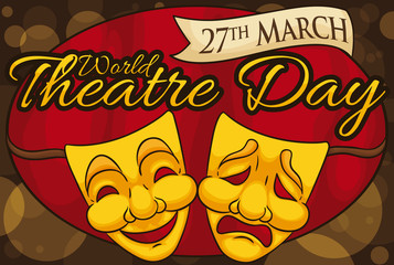 Golden Masks in a Magic Night of World Theater Day, Vector Illustration