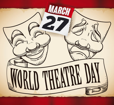 Scroll with Traditional Masks and Calendar for World Theater Day, Vector Illustration