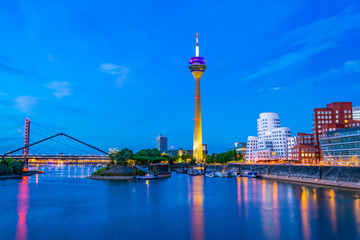 Sunset view of the Rheinturm in Dusseldorf, Germany