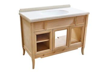 Production of wood furniture. Bathroom vanity cabinet isolated on white background. Furniture manufacture. Close-up