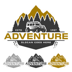Adventure logo, mountain peak forest and off road car © EdNal