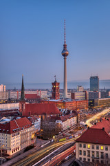 The famous Fernsehturm in Berlin at dawn