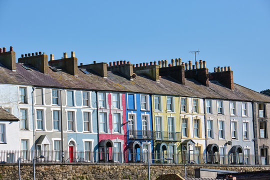 Colorful serial houses seen in Wales, Great Britain
