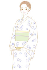 浴衣を着て髪をまとめた女性が扇子を持つ