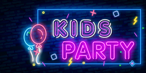 Kids party neon text. Celebration advertisement design. Night bright neon sign, colorful billboard, light banner. Vector illustration in neon style.