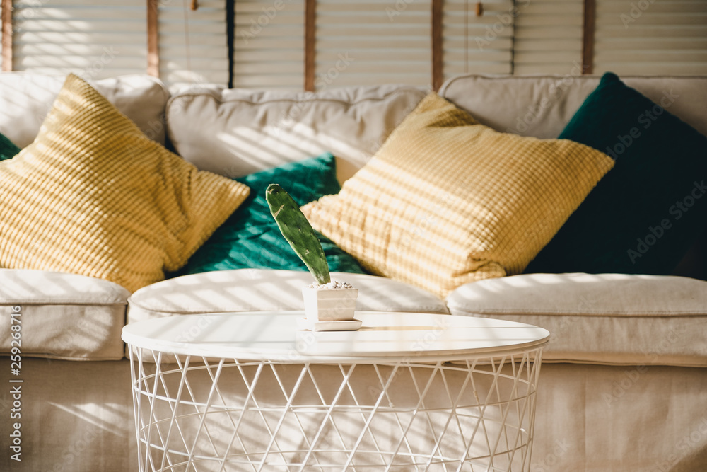 Aufkleber close up pillow on sofa at home in morning with sunlight.furniture in house background with light sh