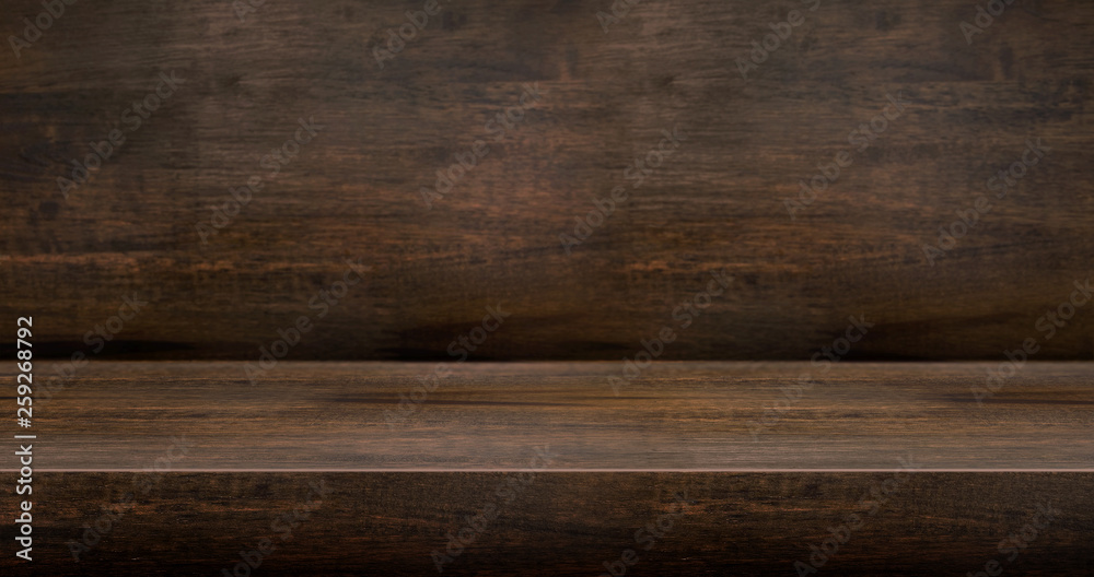 Aufkleber 3D dark wood table studio background textured for product display with copy space for display of content design.Banner for advertise product on website.3d rendering