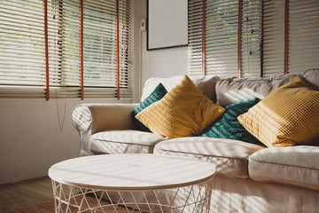 Close up pillow on sofa at home in morning with sunlight.Furniture in house background with light...