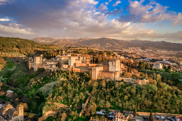 Fototapeta na wymiar Granada Alhambra medieval palace castle at sunset aerial view