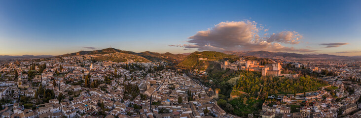 Fototapeta premium Granada Alhambra medieval palace castle at sunset aerial view