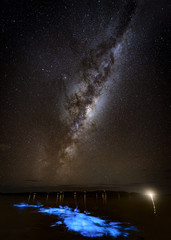 Kayaking under the Milky Way with bright blue bioluminescence