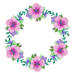 Summer, spring, easter, birthday, wedding wreath with flowers, leaves and branches. Hand drawn watercolor ans colored pencils illustration.